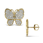 Front and side view of gold butterfly stud earrings paved with cubic zirconia stones.