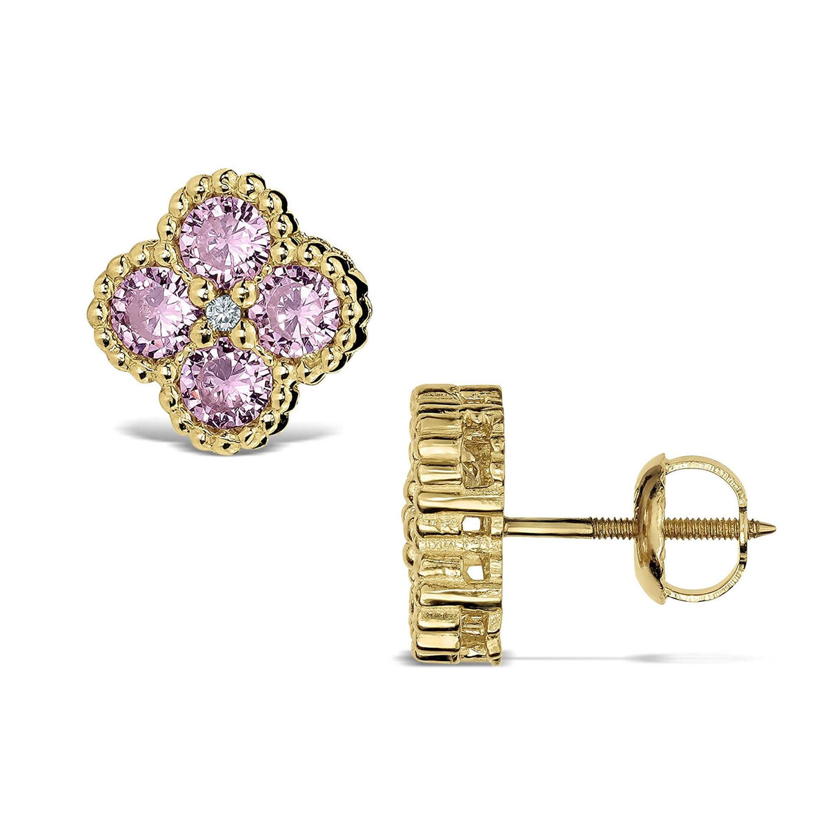 Front and side view of 10k yellow gold clover stud earrings with pink CZ stones.