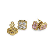 10k yellow gold clover stud earrings featuring both white and pink CZ stones.