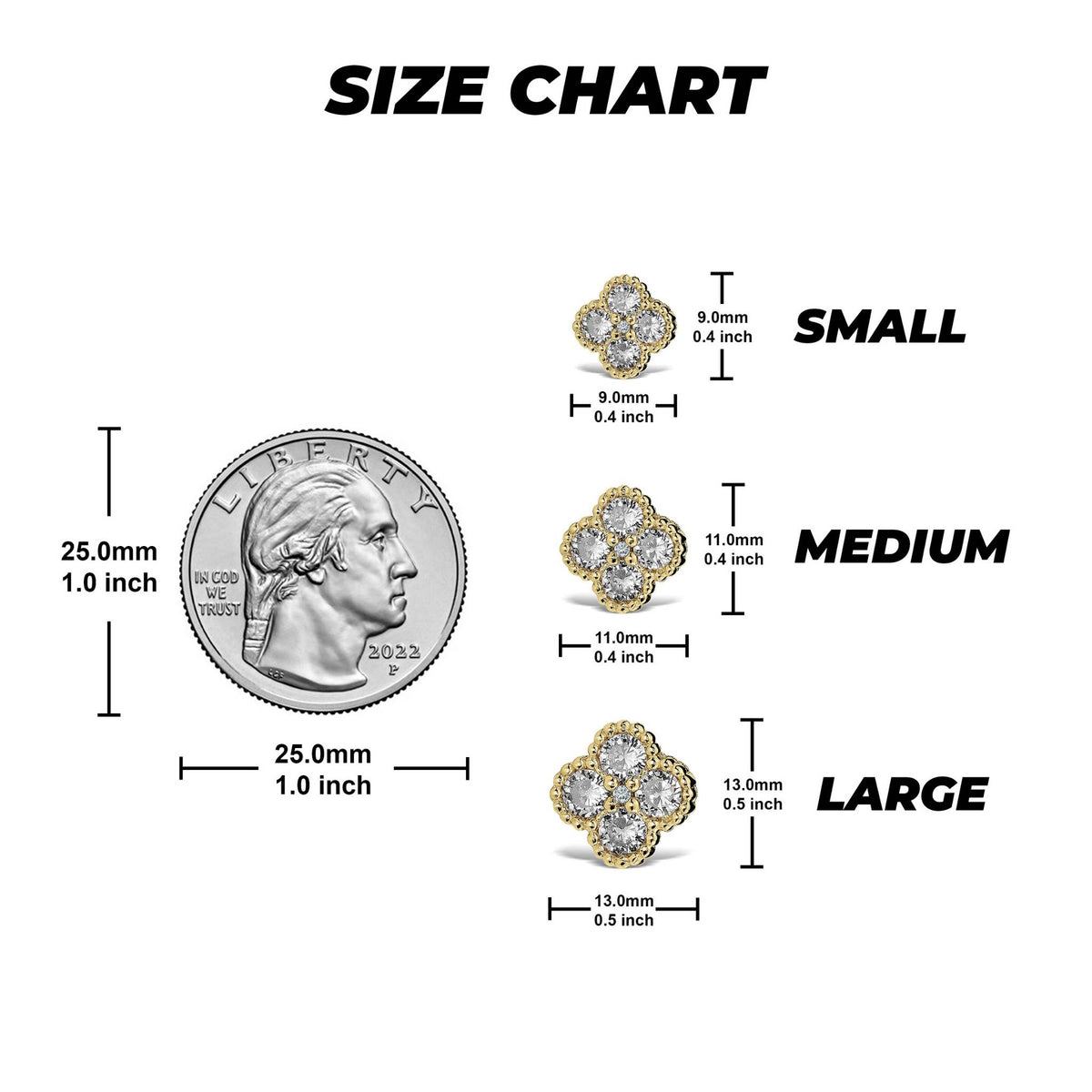 Size guide for 10k gold clover stud earrings, comparing small, medium, and large dimensions.