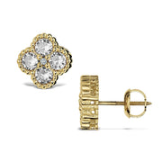 Front and side view of 10k yellow gold clover stud earrings with clear CZ stones.