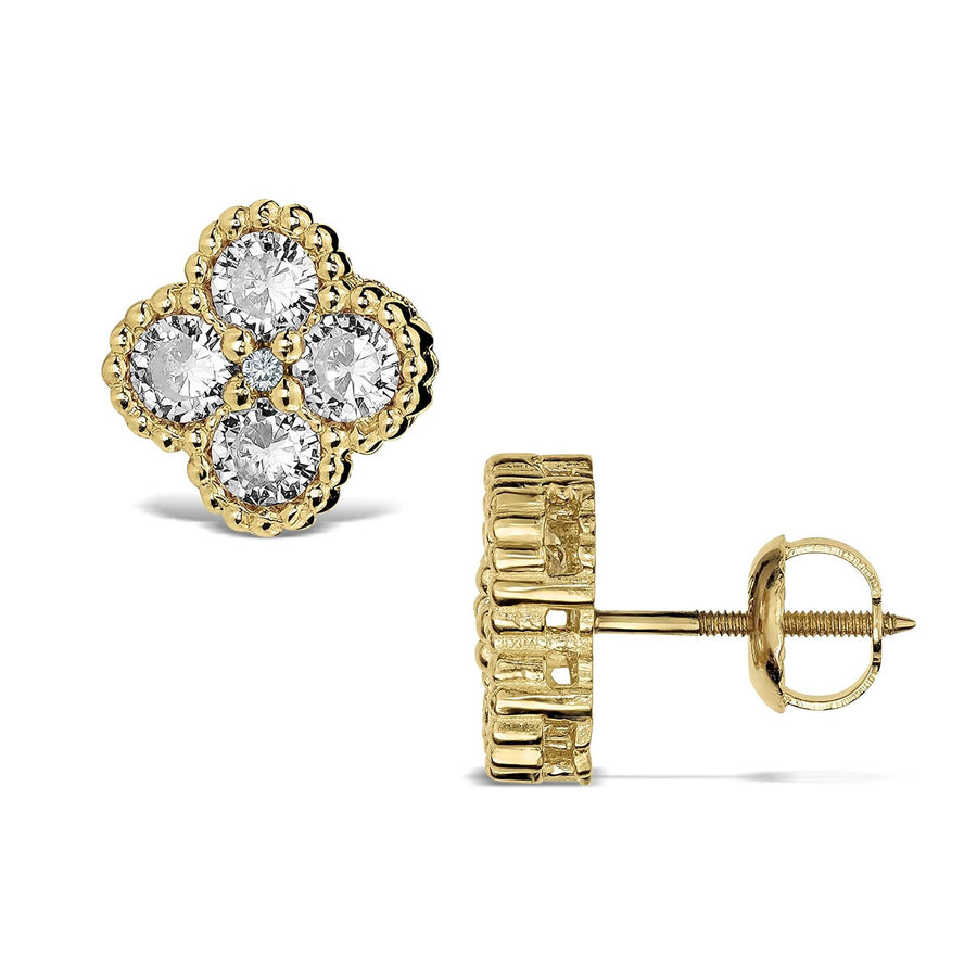 Front and side view of 10k yellow gold clover stud earrings with clear CZ stones.