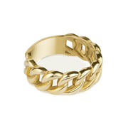 Side angle of thick 10k yellow gold Cuban link band ring on white background.