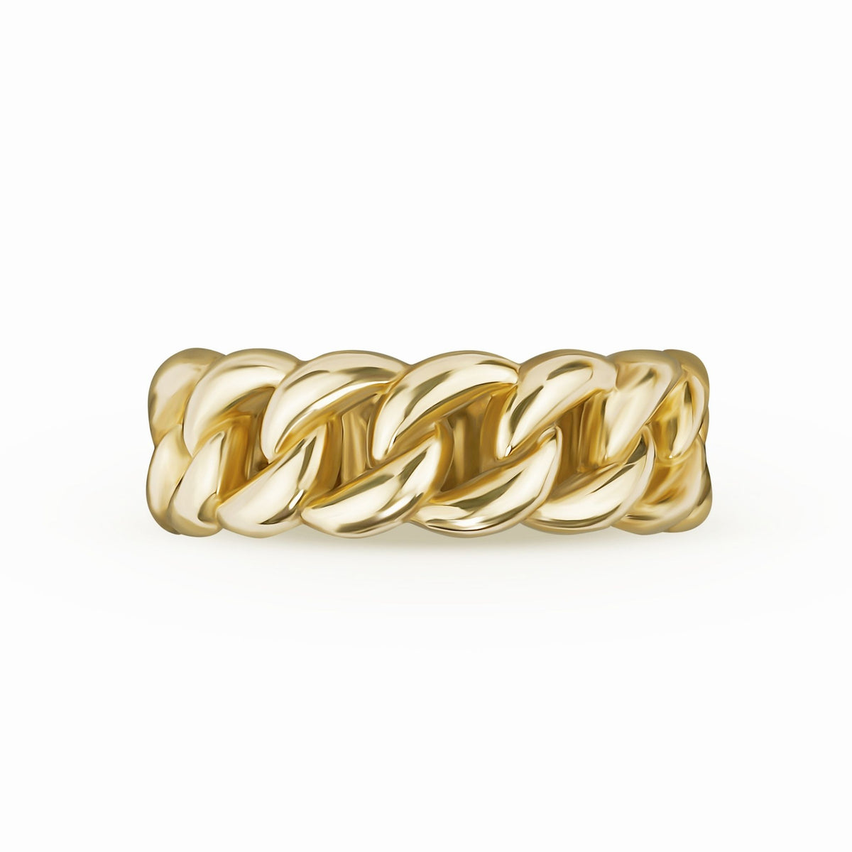Front view of men's thick 10k yellow gold Cuban link band ring on white background.