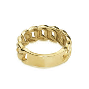 Polished 10k gold luxury ring showcasing a comfort-fit back plate and continuous curb links.