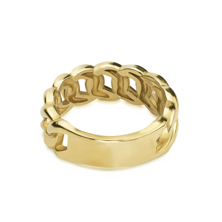 Polished 10k gold luxury ring showcasing a comfort-fit back plate and continuous curb links.