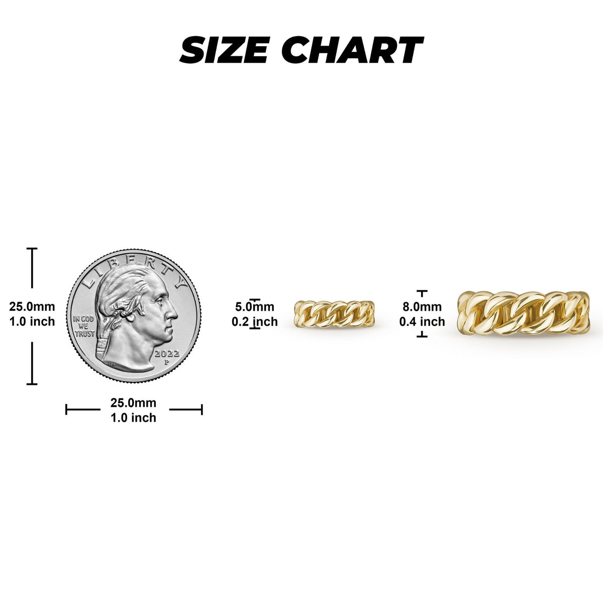 10k gold luxe Cuban band ring size chart comparing 5mm and 8mm widths to quarter.