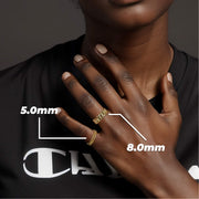 Model wearing 5mm and 8mm thick 10k yellow gold Cuban link band rings.