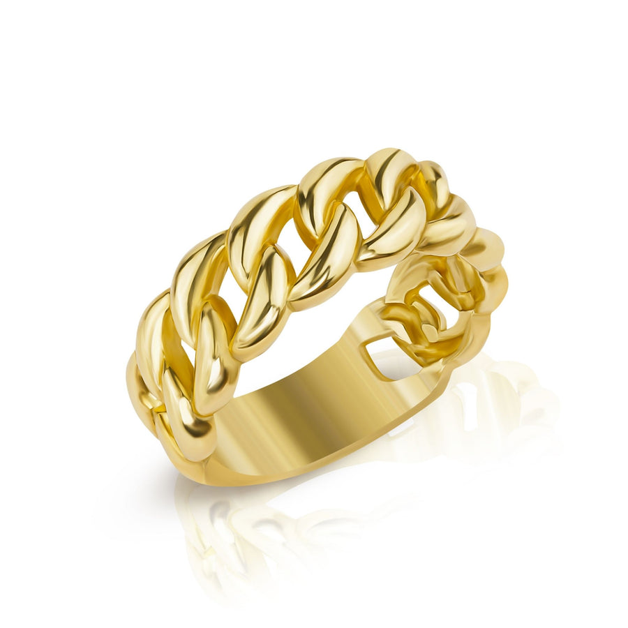 Close-up of men's 10k yellow gold luxe Cuban band ring on white background.