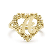 Front view of 10k yellow gold Luxe Rollie heart initial ring with letter A.