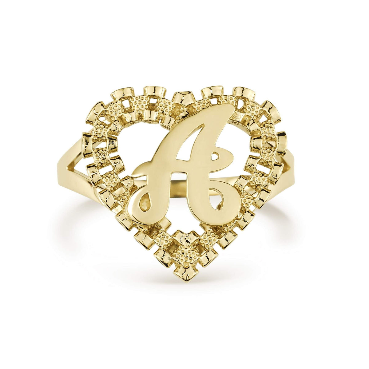 Front view of 10k yellow gold Luxe Rollie heart initial ring with letter A.