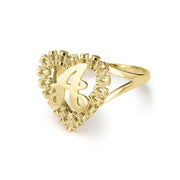 10k Yellow Gold Luxe Rollie Heart Initial Ring showing textured border and split shank.