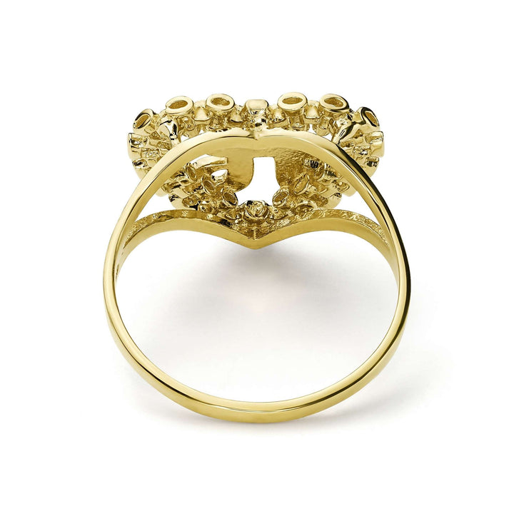 Back and inner band view of 10k gold Luxe Rollie heart initial ring.