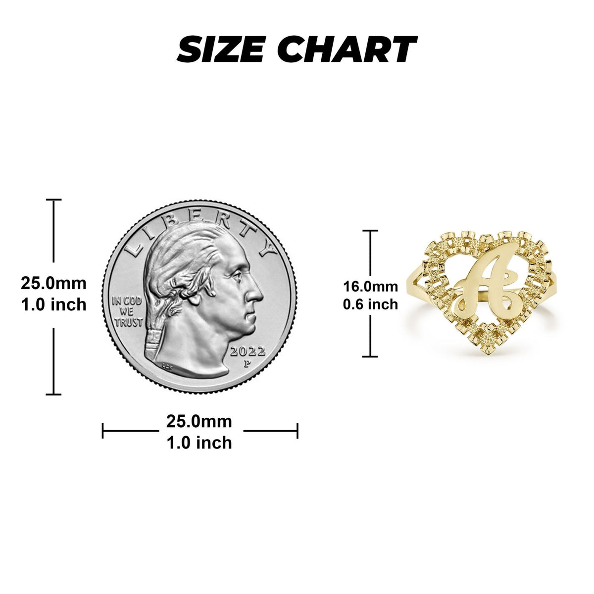 10k Gold Luxe Rollie Heart Initial Ring dimensions with millimeter and inch measurements