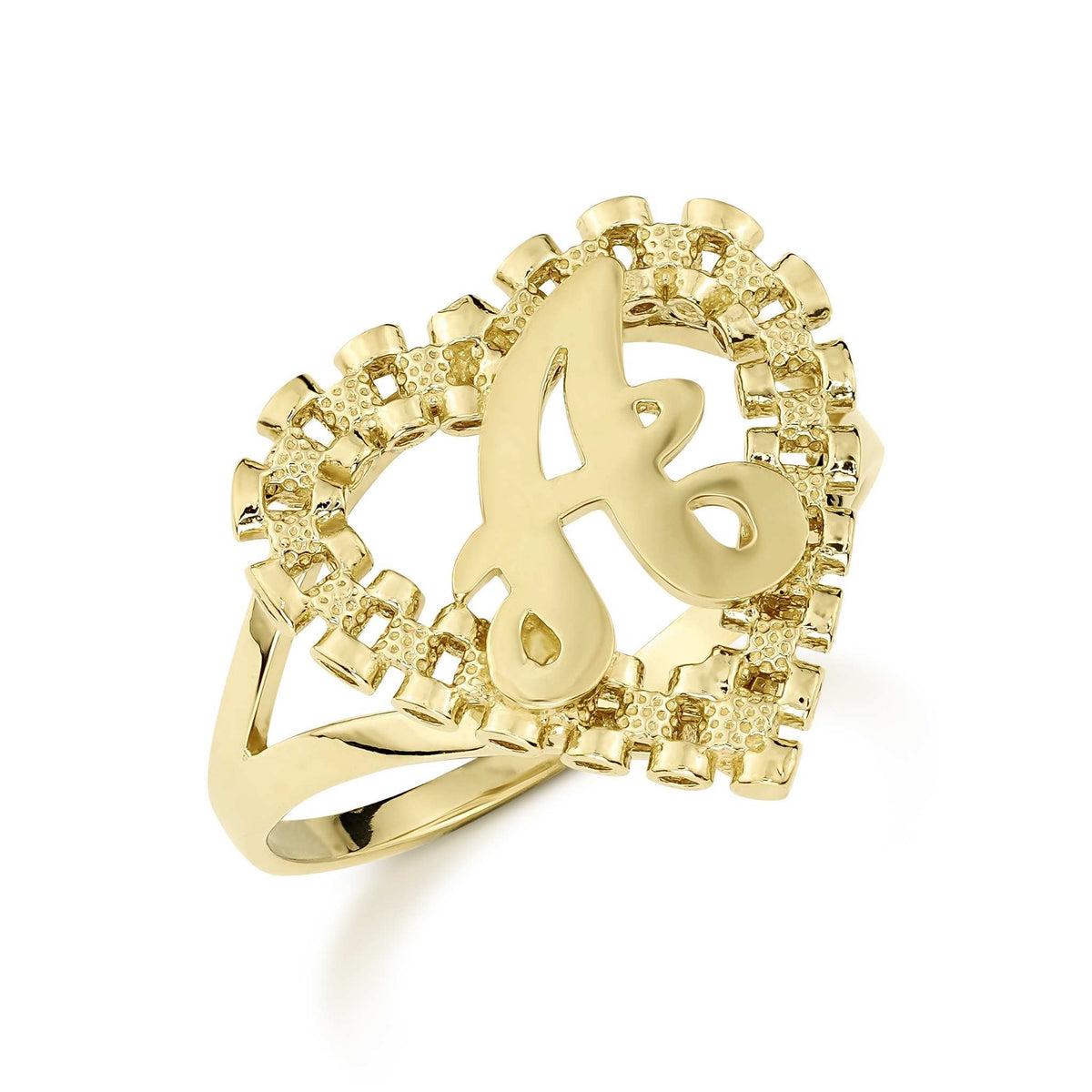 10k Gold Luxe Rollie Heart Initial Ring featuring a cursive letter A