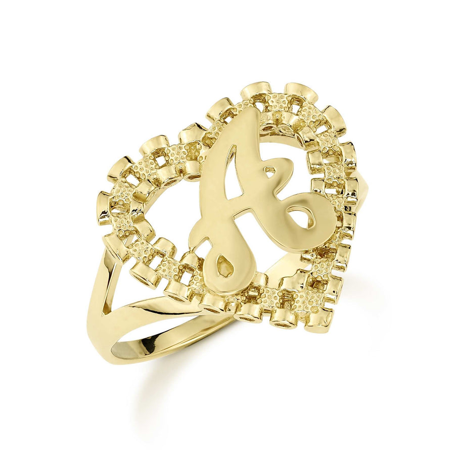 10k Gold Luxe Rollie Heart Initial Ring featuring a cursive letter A