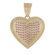 A heart-shaped yellow gold pendant with a border of small white stones and rows of pink cubic zirconia.