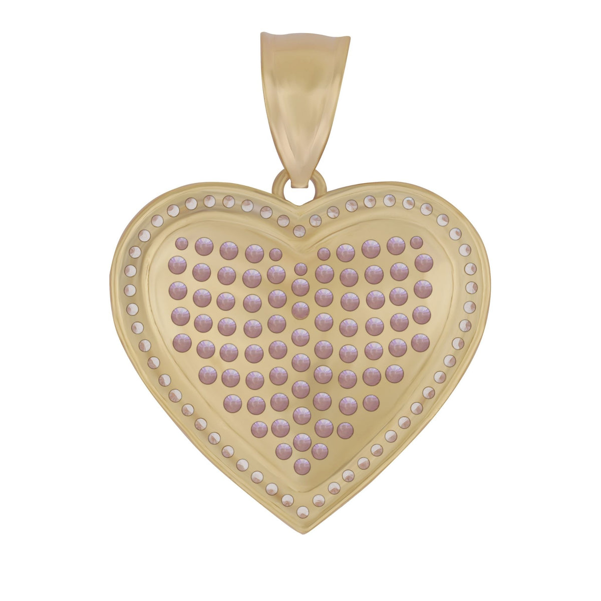 A heart-shaped yellow gold pendant with a border of small white stones and rows of pink cubic zirconia.
