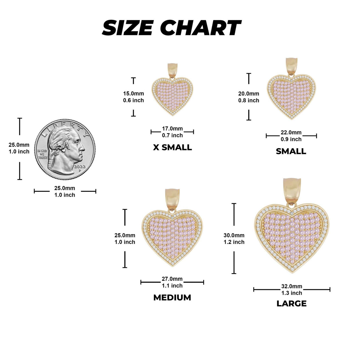 A size chart graphic showing X Small, Small, Medium, and Large heart pendant measurements alongside a U.S. coin for scale.