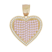 A heart-shaped yellow gold pendant with a center of light pink pavé stones and a clear stone border.