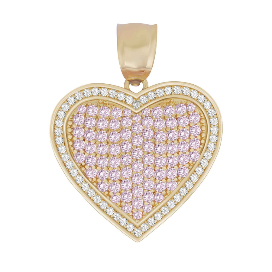 A heart-shaped yellow gold pendant with a center of light pink pavé stones and a clear stone border.