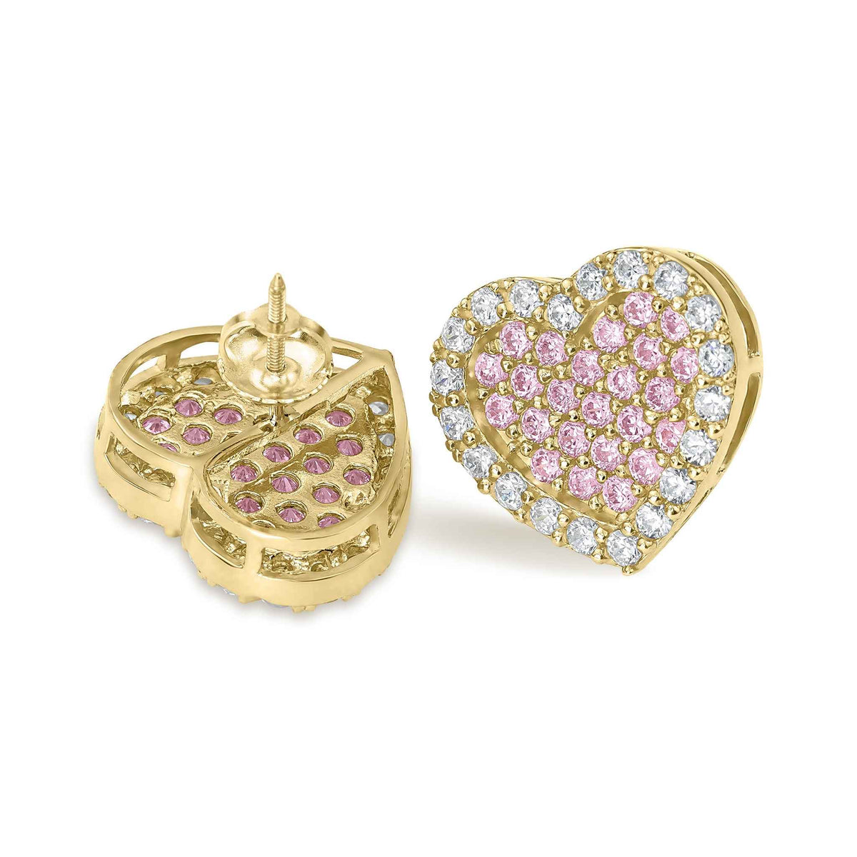 10k gold heart stud earrings with pink and white cubic zirconia, front and back.