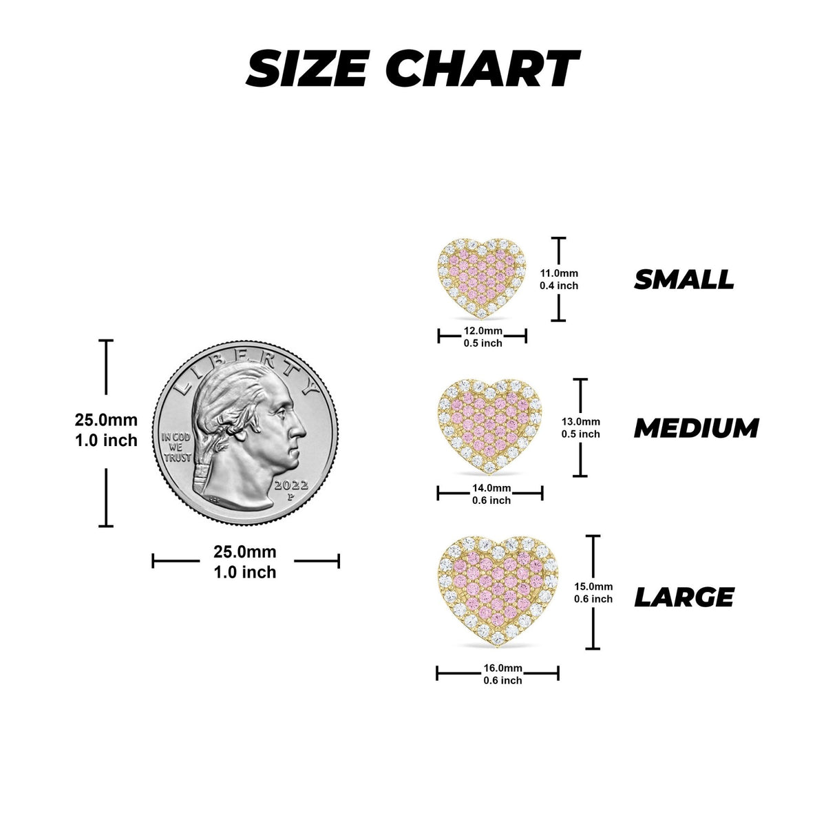 Size chart for Luxe pink and white heart earrings compared to a coin.
