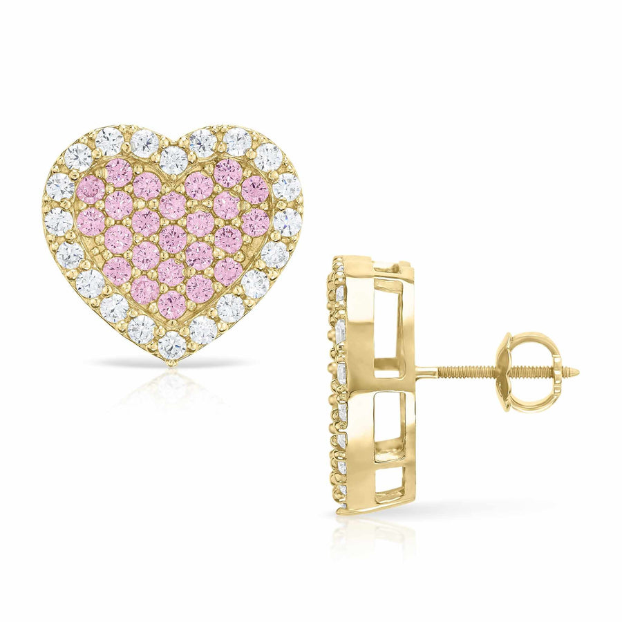 10k gold heart earrings with pink center, white cubic zirconia halo, and screw back.
