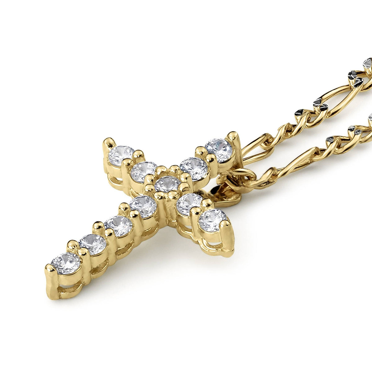Gold cross pendant adorned with clear round-cut gemstones on a matching gold chain.