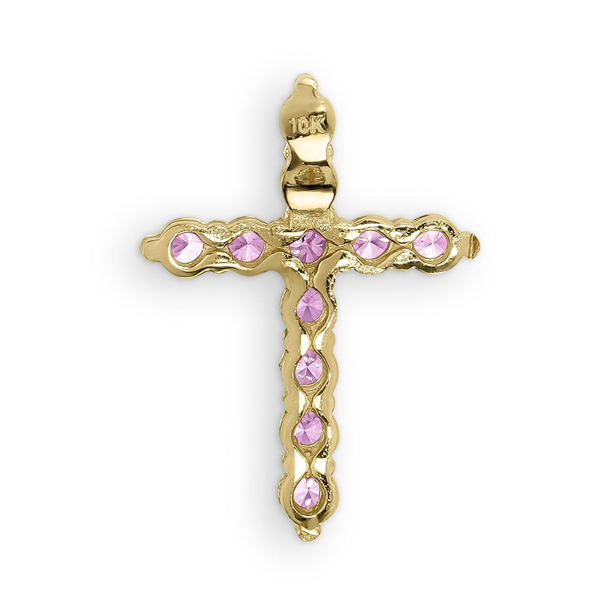 Product photo showing the reverse side of the gold cross pendant with pink CZ.