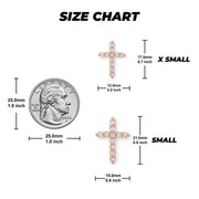 Size chart graphic showing small and x-small 10k gold cross pendants with pink CZ details and dimensions.