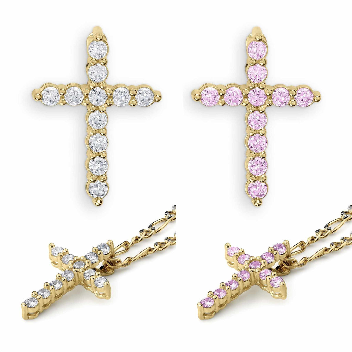 Front and angled views of 10k Gold Luxe Mini Cross Pendant Necklace with white and pink CZ stones.