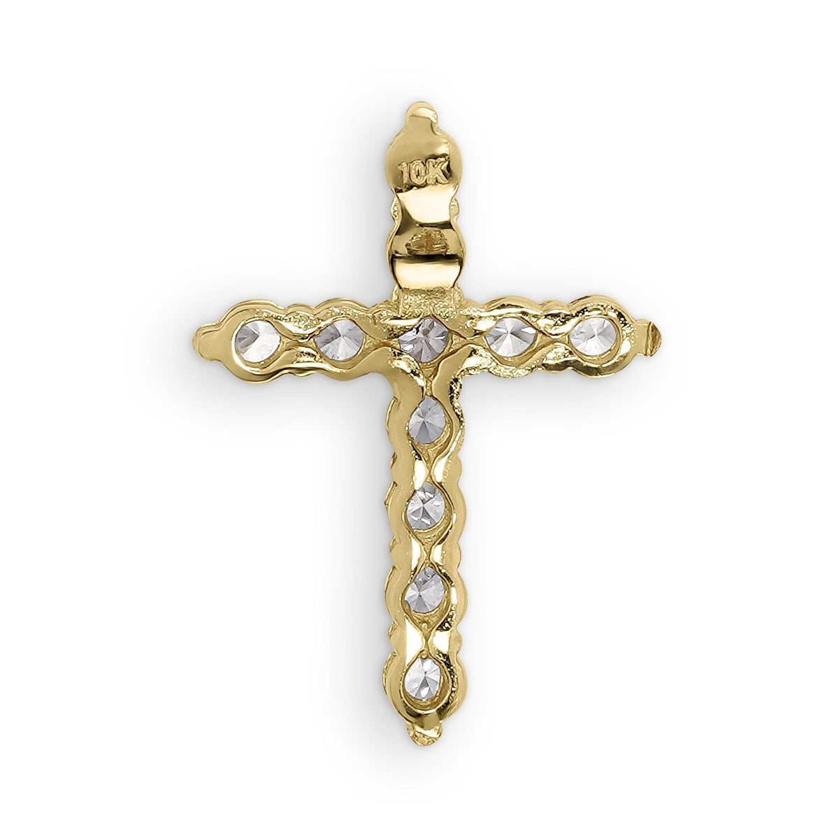 Back view of 10k Gold Luxe Mini Cross Pendant Necklace charm displaying 10K gold bail stamp.