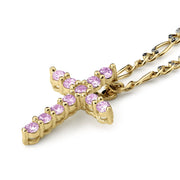 Gold cross pendant adorned with pink cubic zirconia and a matching gold chain.
