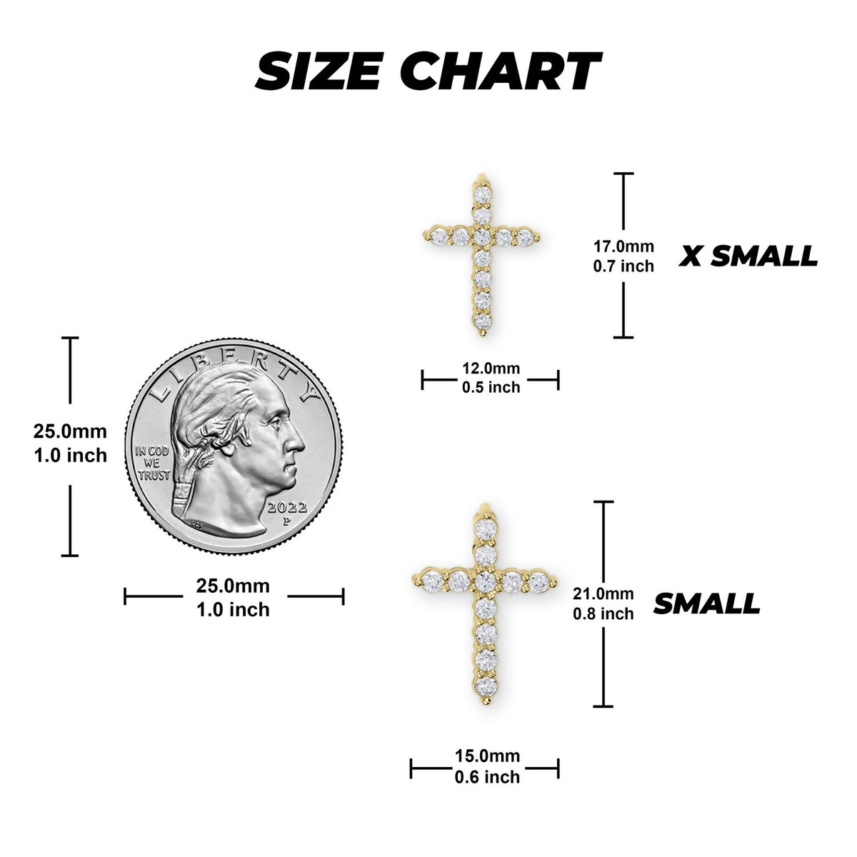 Size chart graphic displaying dimensions for small and x-small cross pendants.