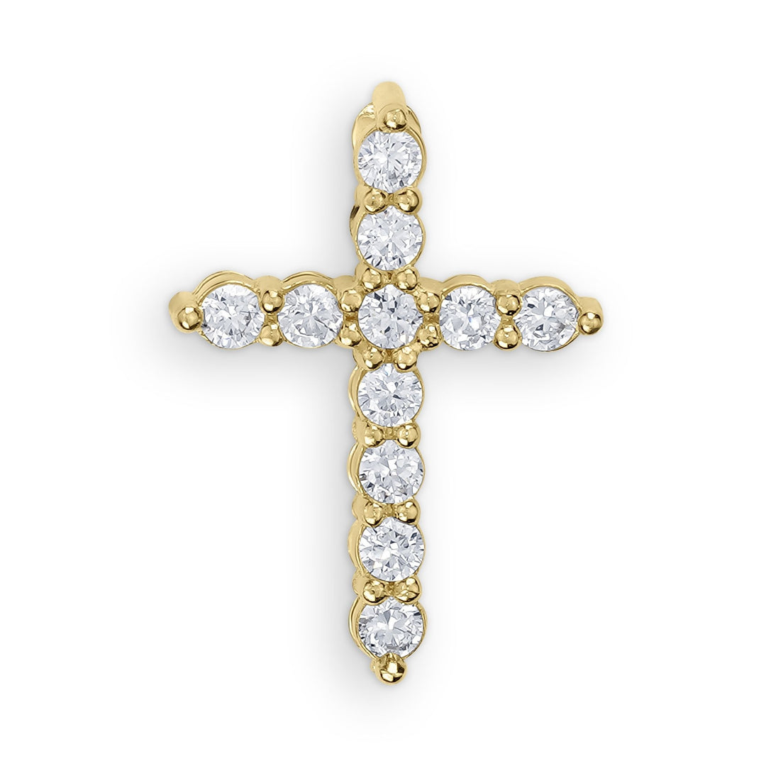 Yellow gold cross pendant with clear round-cut gemstones on a white background.