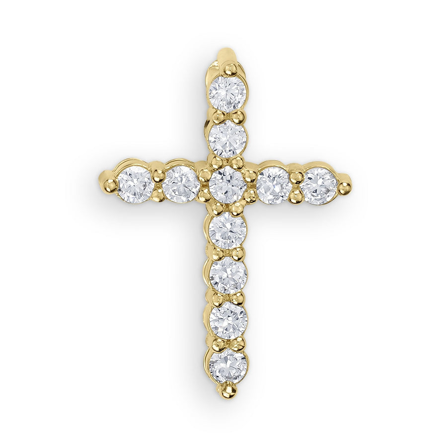 Yellow gold cross pendant with clear round-cut gemstones on a white background.