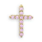 Gold cross pendant featuring sparkling light pink gemstones on a clean white background.