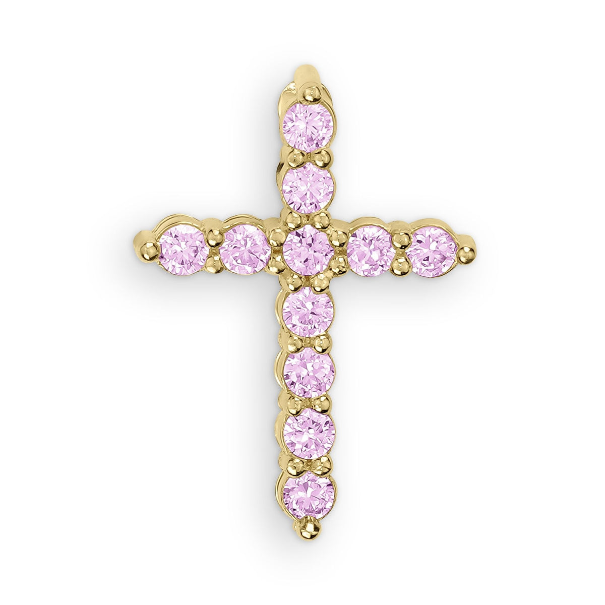 Gold cross pendant featuring sparkling light pink gemstones on a clean white background.