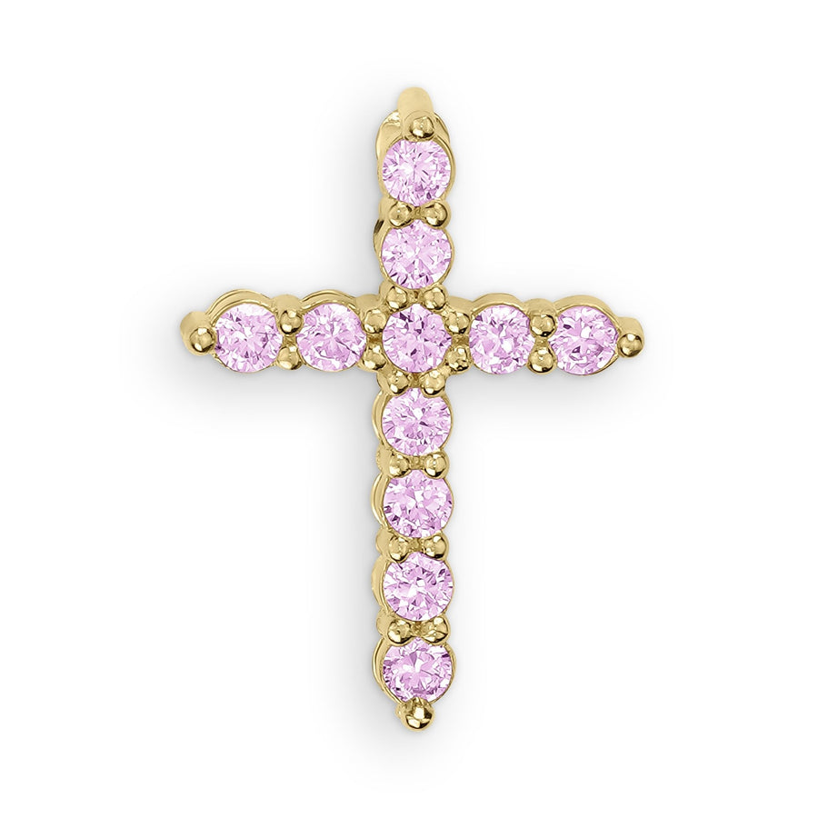 Gold cross pendant featuring sparkling light pink gemstones on a clean white background.