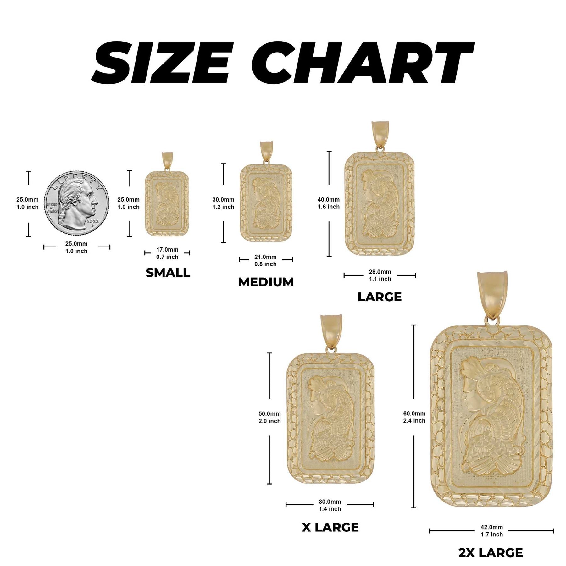 Size chart displaying five gold Lady Fortuna pendant options with height, width, and coin scale references.