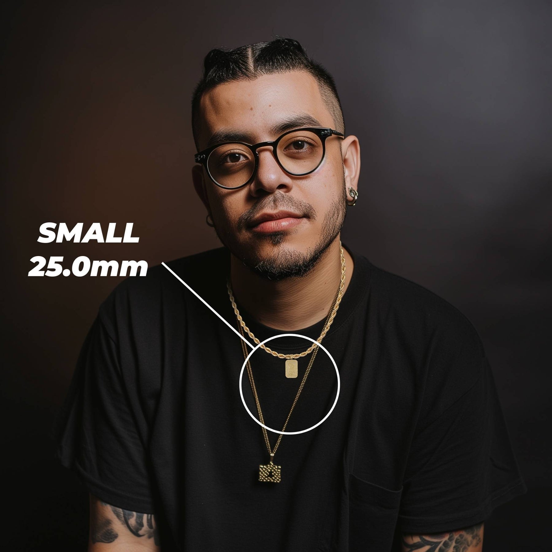 Man in glasses and black shirt wearing the small gold Lady Fortuna pendant necklace.