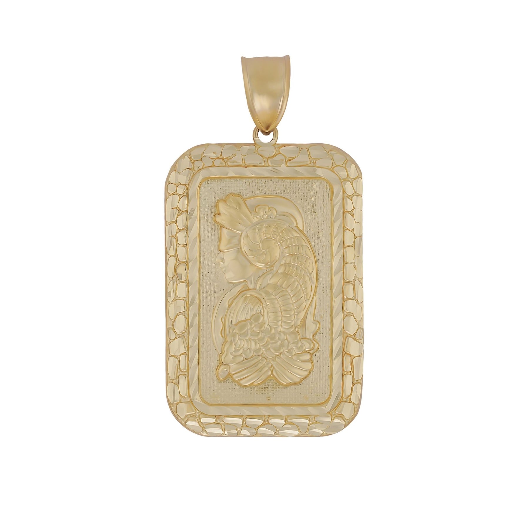 Product photo showcasing the front details of the 10k Gold Luxe Pamp Suisse Lady Fortuna Pendant.