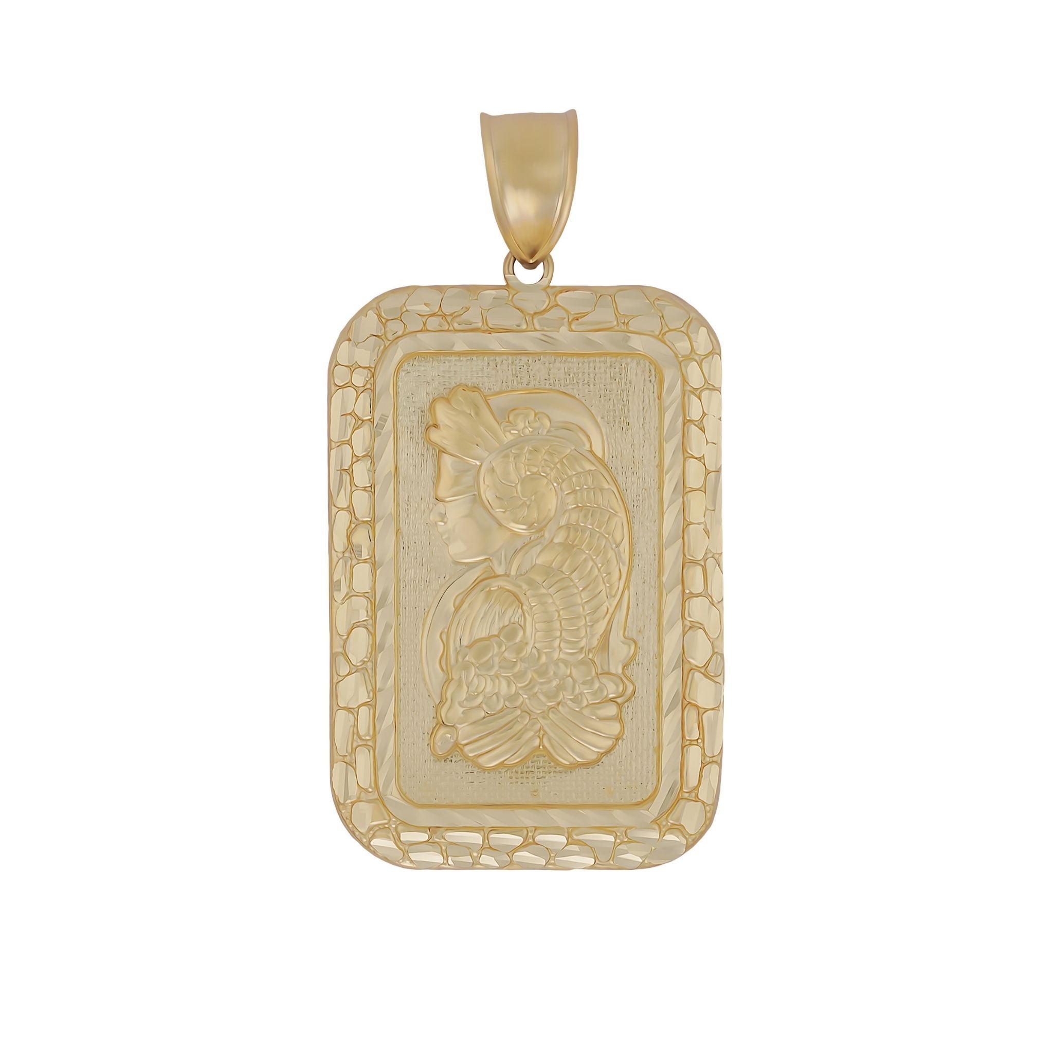 Product photo showcasing the front details of the 10k Gold Luxe Pamp Suisse Lady Fortuna Pendant.
