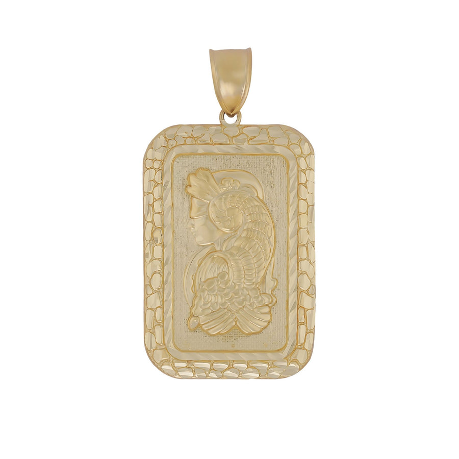 Product photo showcasing the front details of the 10k Gold Luxe Pamp Suisse Lady Fortuna Pendant.