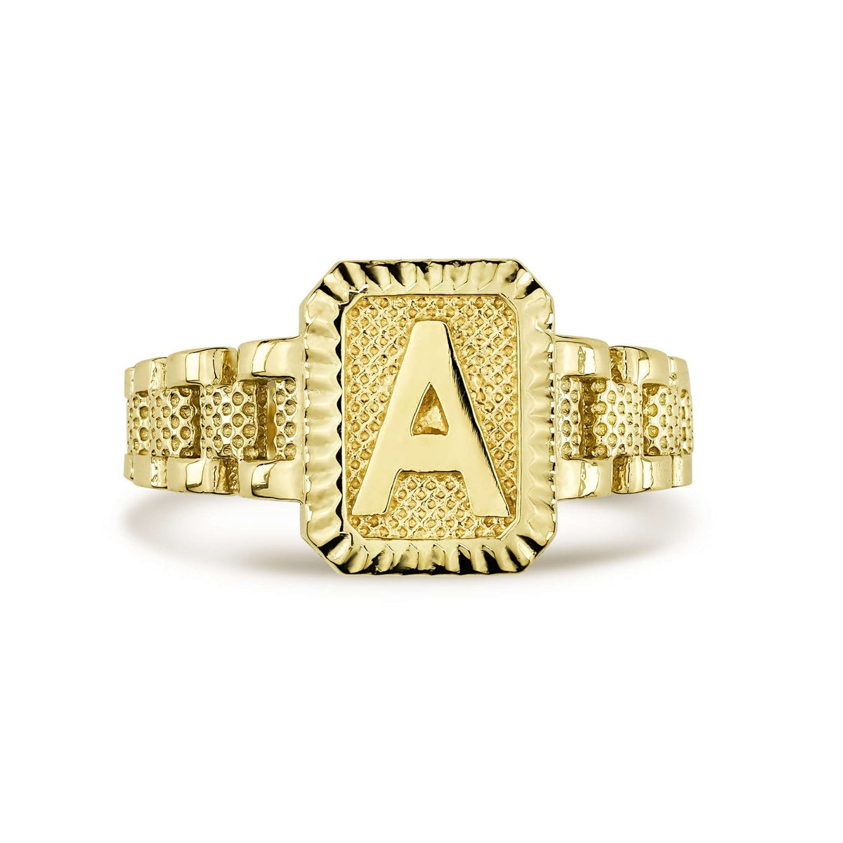 Gold initial ring with letter A displaying the textured rectangular bezel design.