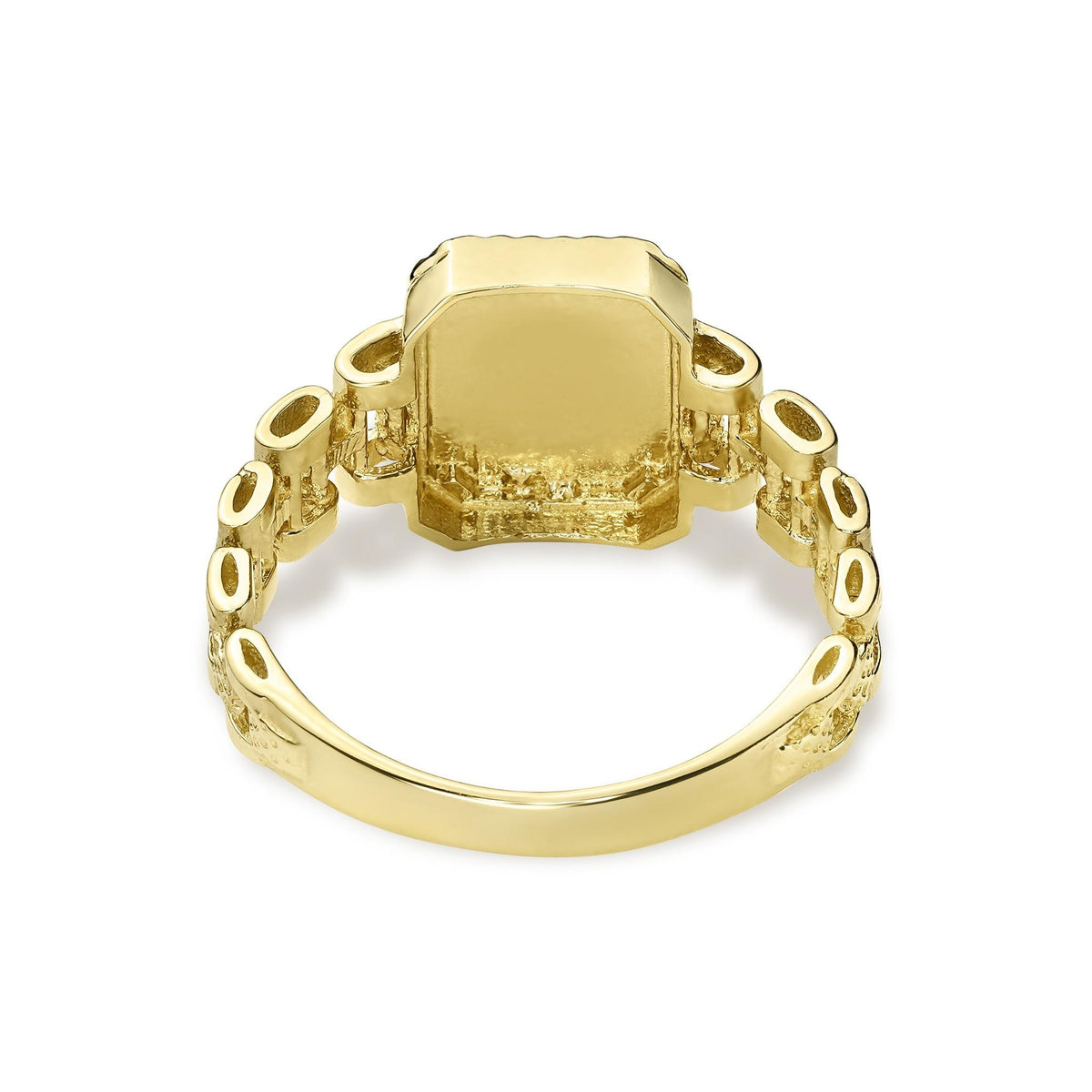 Inside view of 10k gold luxe rectangular signet ring showing hollow back structure.