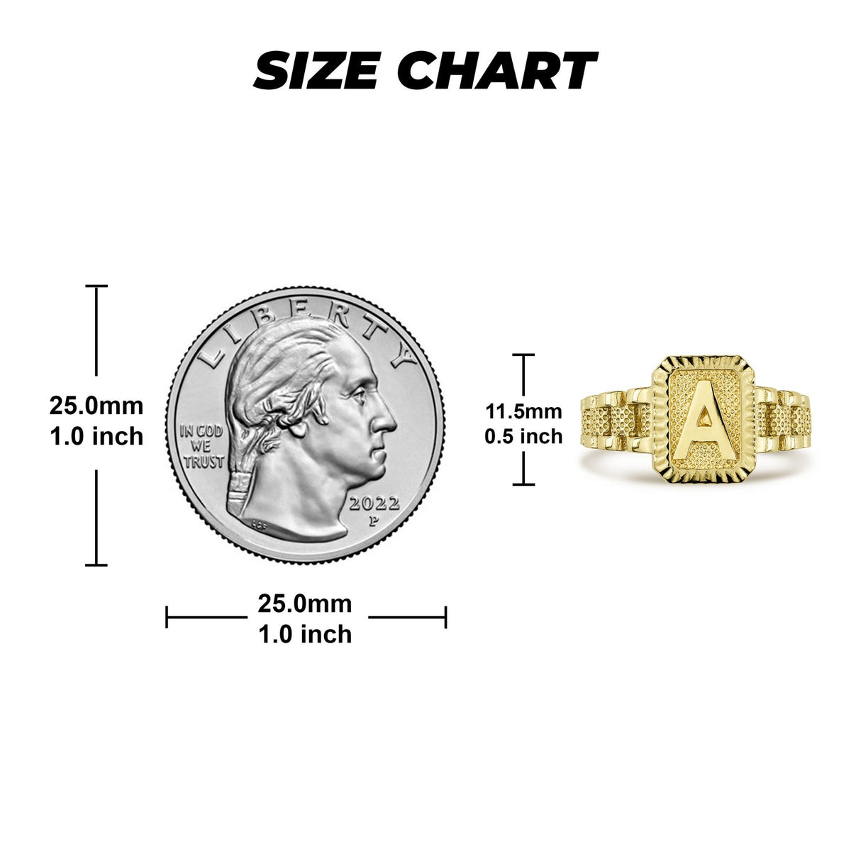 Ring size chart comparing a US quarter to an 11.5mm gold rectangular initial ring.