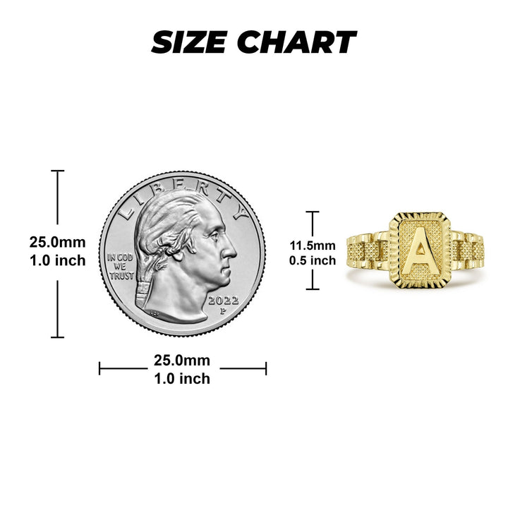 Ring size chart comparing a US quarter to an 11.5mm gold rectangular initial ring.