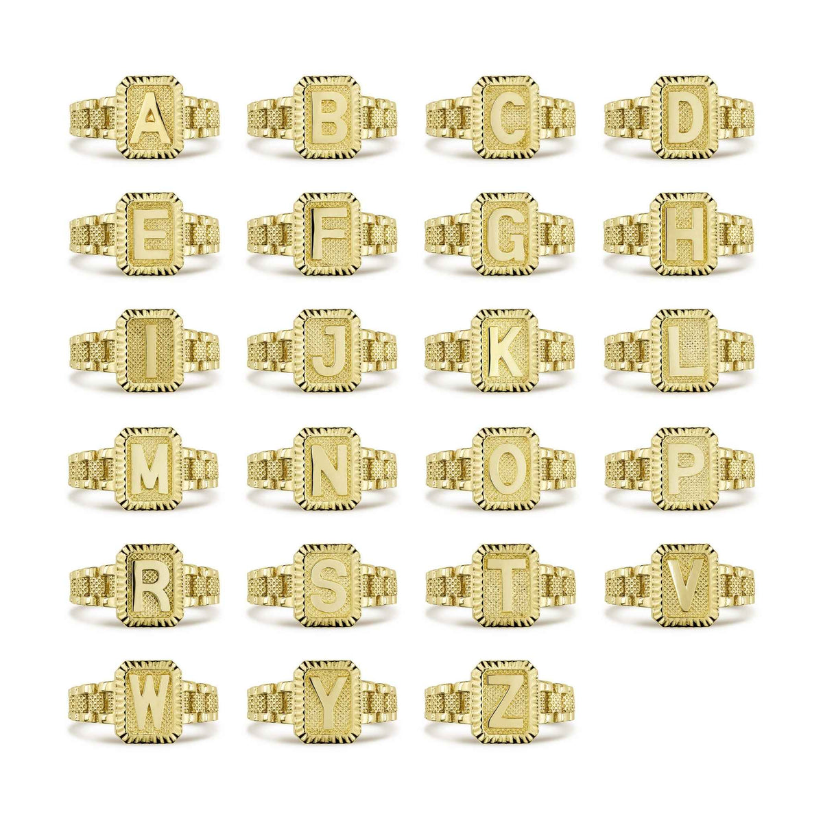 Grid display of 10k gold luxe rectangular signet rings showing various alphabet letters.